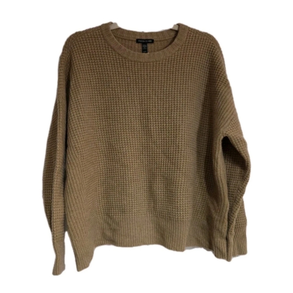 Eileen Fisher Honey Recycled Cashmere Wool Waffle Knit Sweater SZ XL New $398
